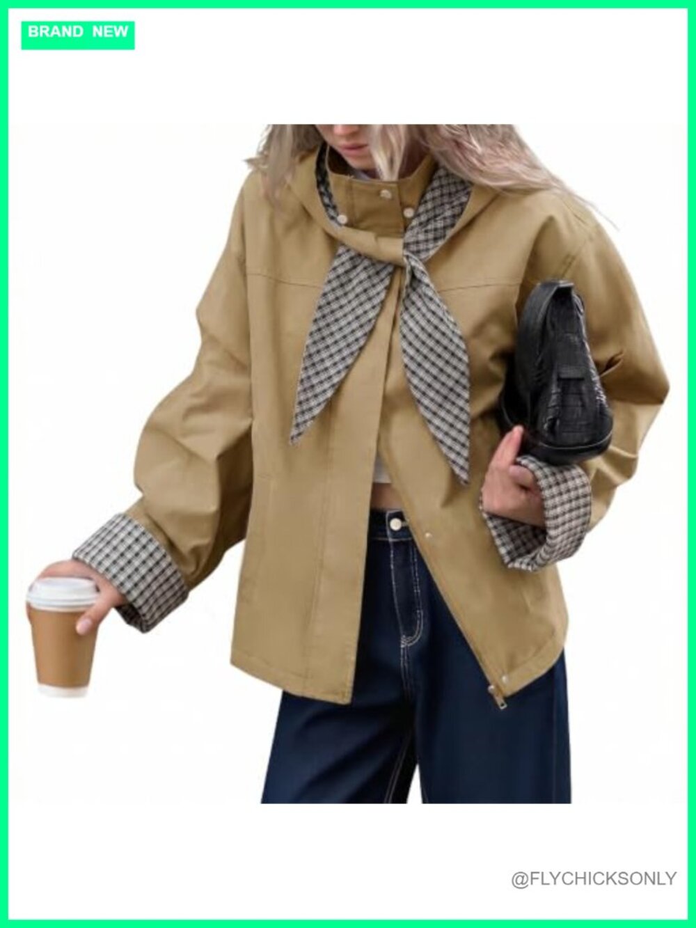 Cropped Trench Coat Plaid Detachable Hood Lightweight Fall Jacket